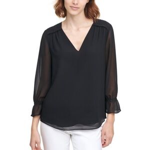 Calvin Klein black pull over casual relaxed poet sleeves‎ top blouse Sz L